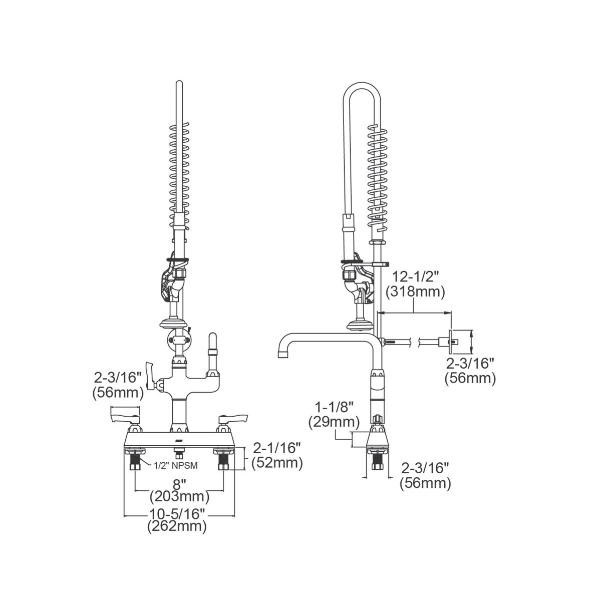 Chrome centerset faucet with 10" arc spout, flexible spray hose, and two lever handles with dimension specifications shown.