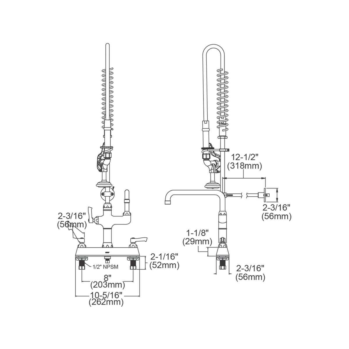 Technical schematic showing Elkay centerset faucet with arc spout, flexible hose spray head, lever handles, and dimension mea