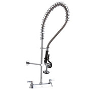 Chrome centerset deck mount faucet with dual lever handles, flexible coiled hose, and spray head attachment.