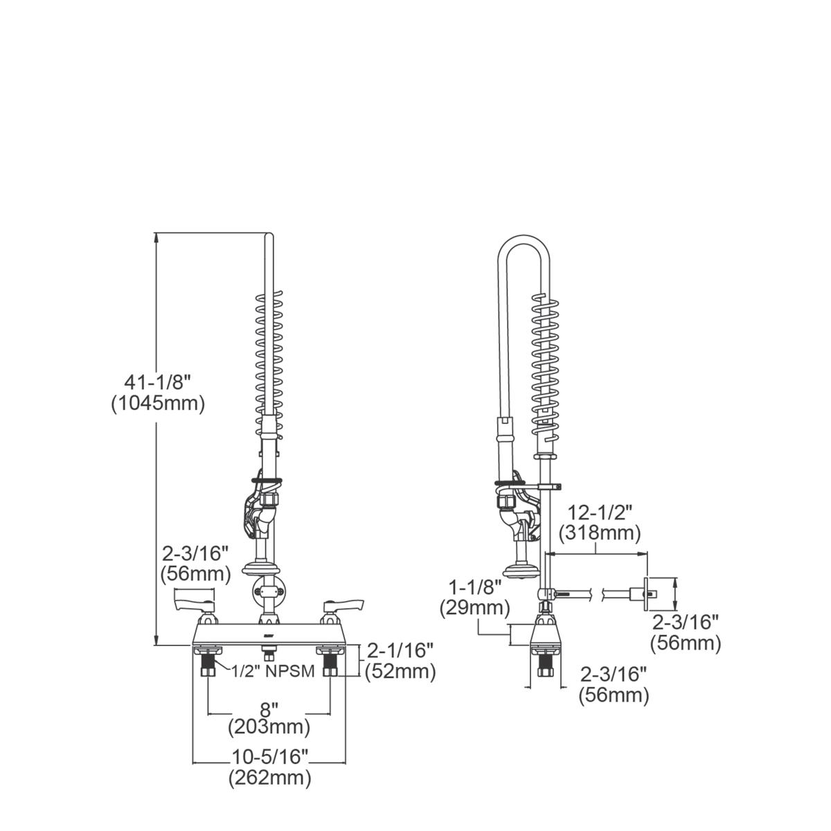 Chrome deck mount faucet with 8" centerset, two lever handles, and 44" flexible hose with spray head.