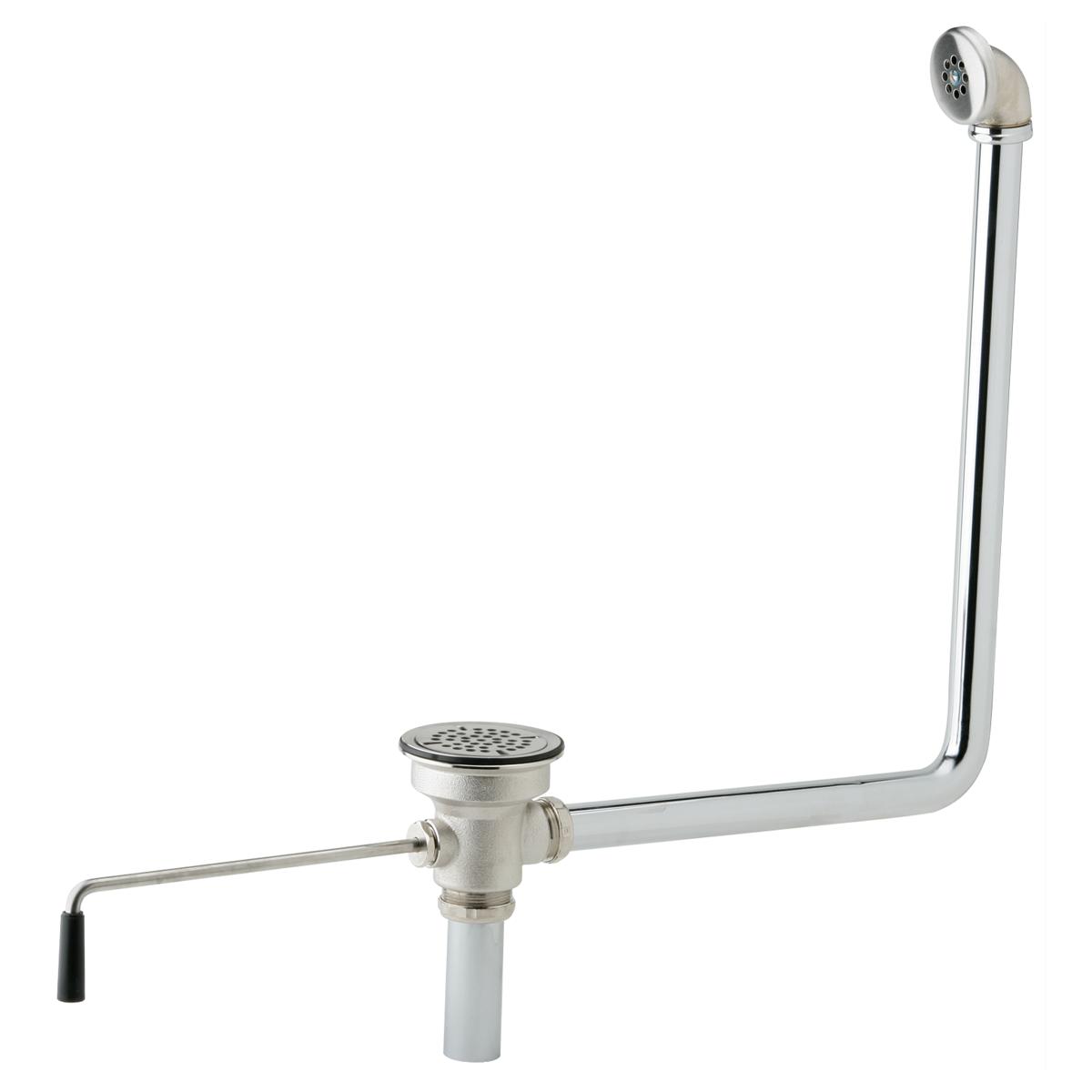 Chrome drain fitting with rotary lever control, overflow outlet, and vertical standpipe with perforated strainer basket.