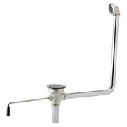 Chrome drain fitting with rotary lever control, overflow outlet, and vertical standpipe with perforated strainer basket.