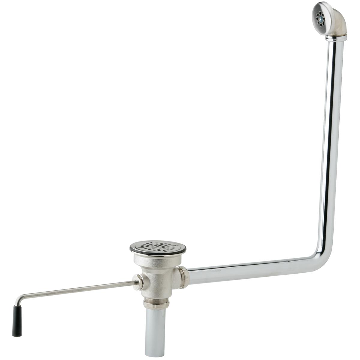 Chrome drain fitting assembly with rotary lever control, overflow port, and angled pipe configuration for sink installation.