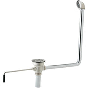 Chrome drain fitting assembly with rotary lever control, overflow port, and angled pipe configuration for sink installation.