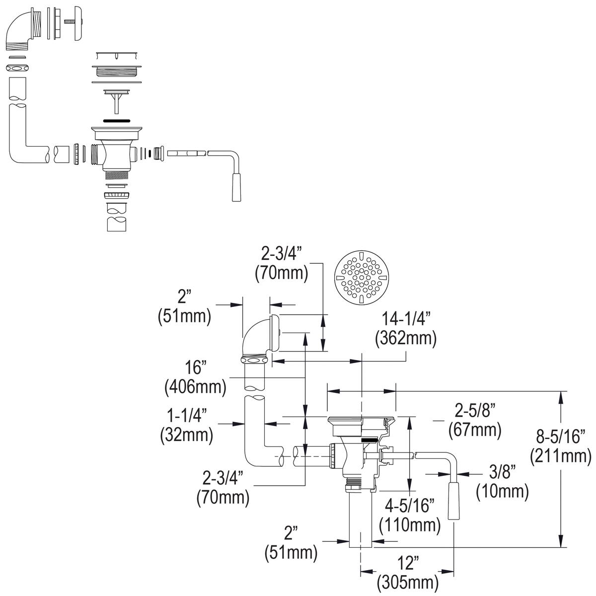 Technical schematic showing drain fitting assembly with rotary lever operation, overflow port, and 2-inch drain connection wi