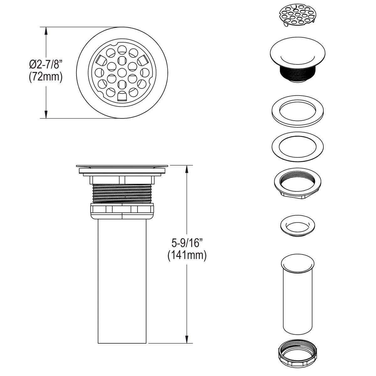 Elkay 2" Drain Fitting Type 304 Stainless Steel Body Grid Strainer and Tailpiece
