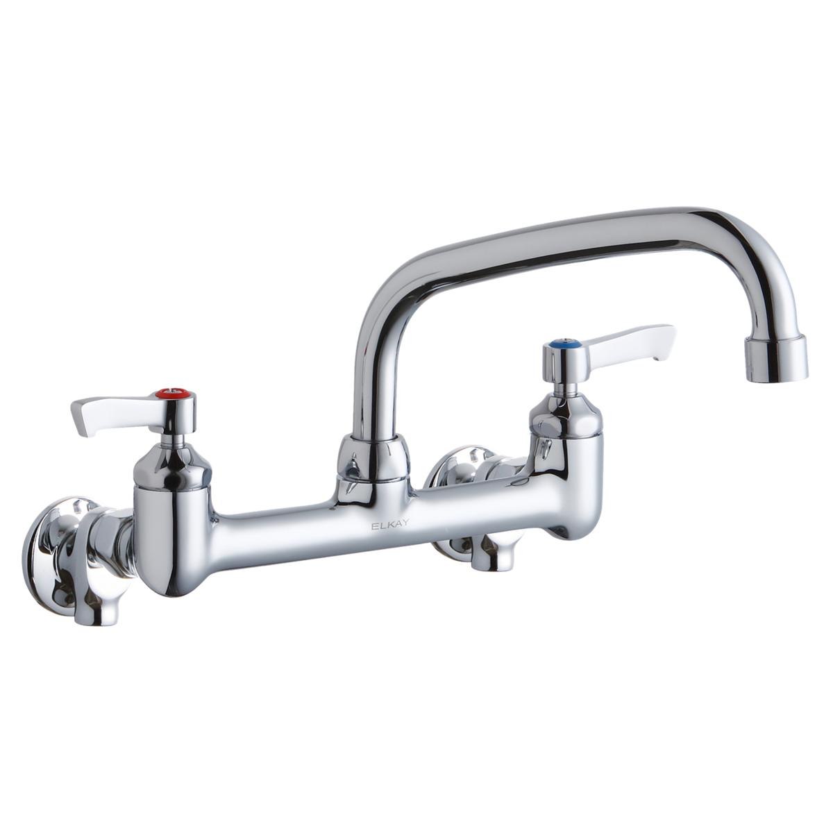 Chrome wall-mount faucet with arched spout, two lever handles, and wall brackets for commercial foodservice use.
