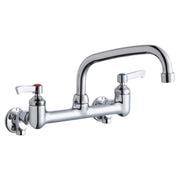 Chrome wall-mount faucet with arched spout, two lever handles, and wall brackets for commercial foodservice use.