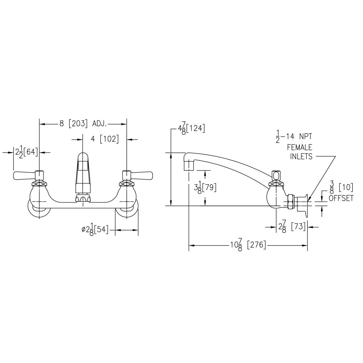 Chrome wall-mount faucet with arcing spout, two lever handles, and dimension specifications shown in technical drawing.