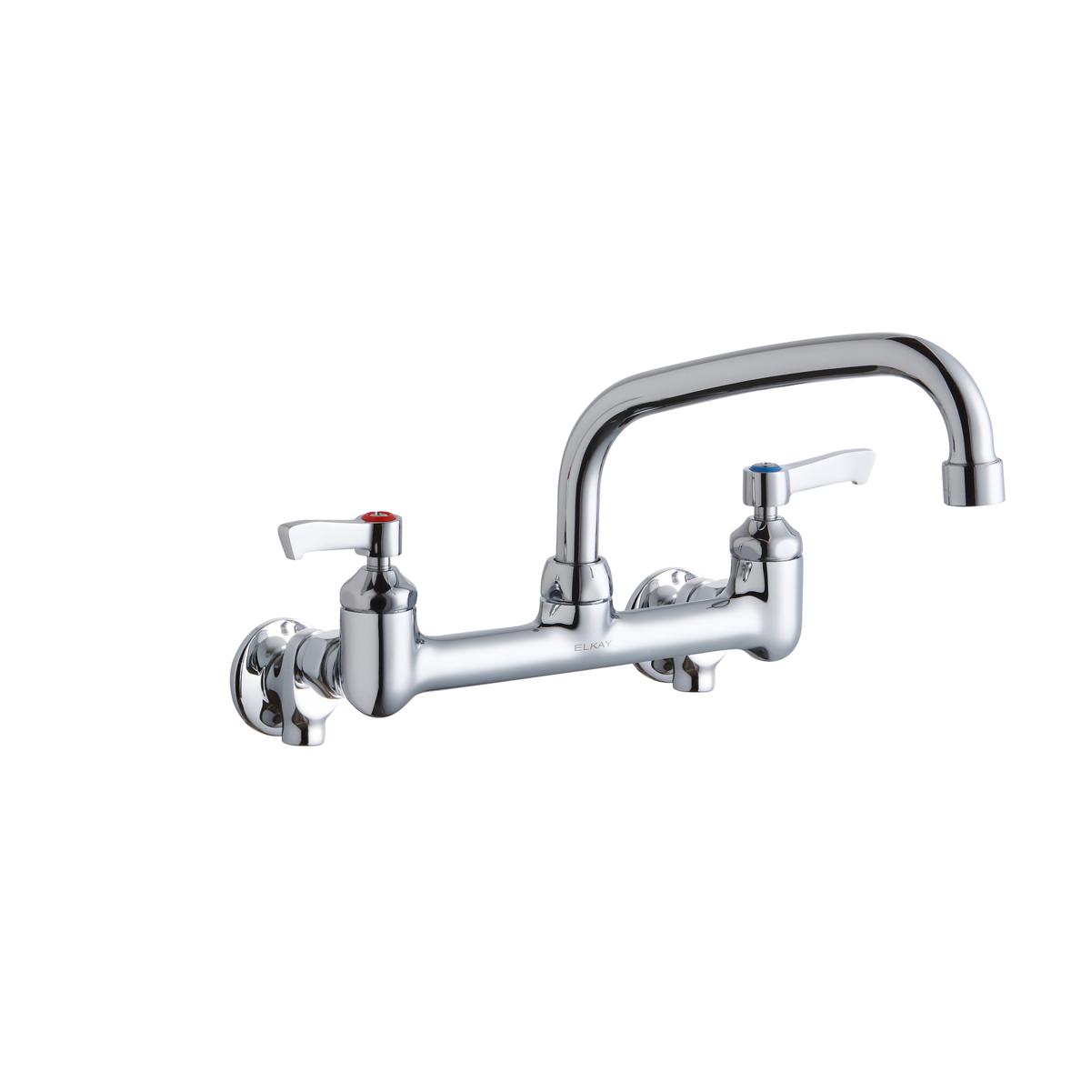 Chrome wall-mount faucet with arc spout, two lever handles, and wall brackets for commercial foodservice use.