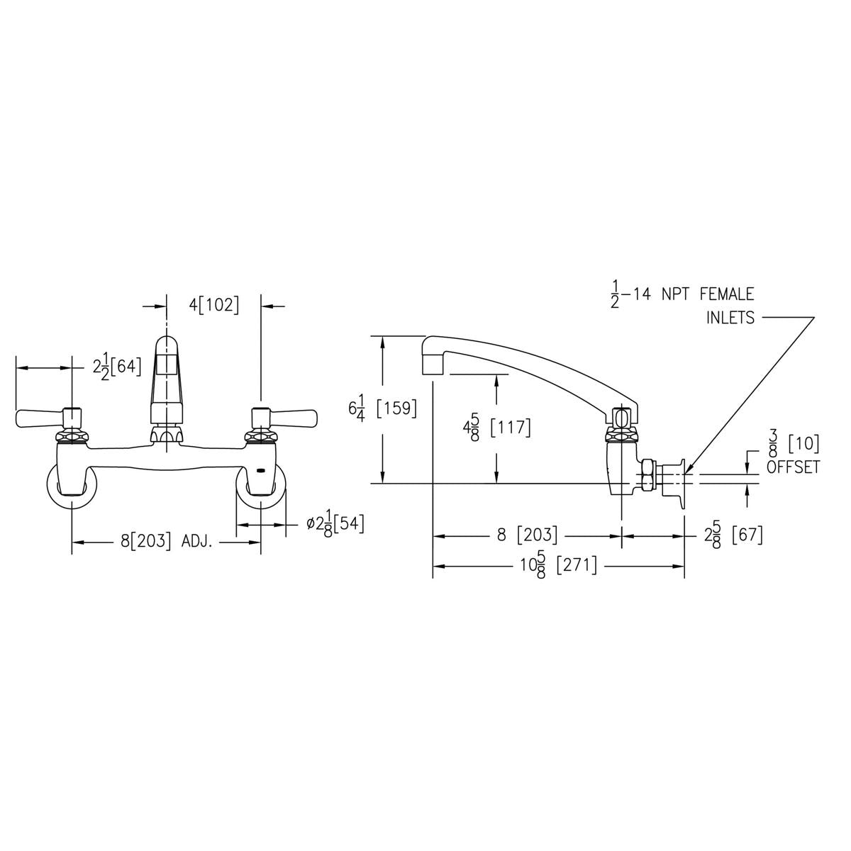 Technical schematic of wall-mount faucet with two lever handles, arc spout, and labeled dimensions in inches and millimeters.