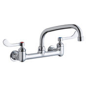 Chrome wall-mounted faucet with curved arc spout, two wristblade handles, and wall connection points.