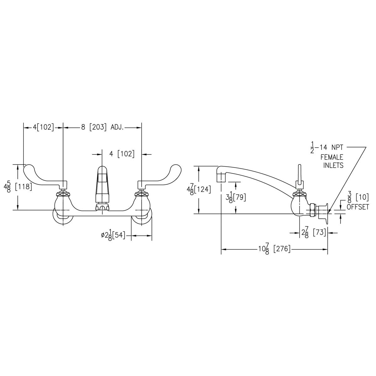 Wall-mounted faucet with curved arc spout, dual wristblade handles, and dimensional specifications shown.