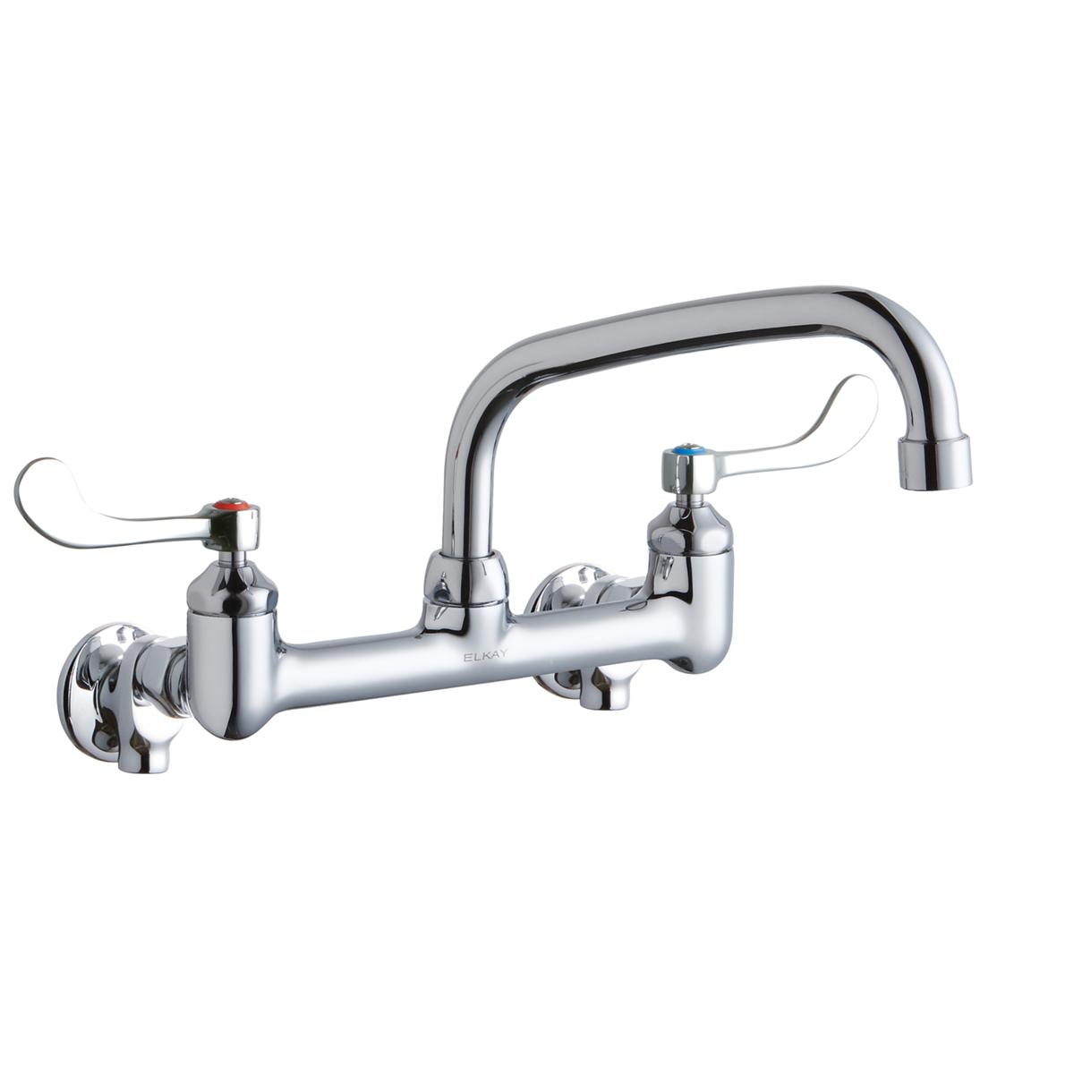 Chrome wall-mount faucet with arcing spout, wristblade handles, and red/blue temperature indicators.