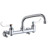 Chrome wall-mount faucet with arcing spout, wristblade handles, and red/blue temperature indicators.