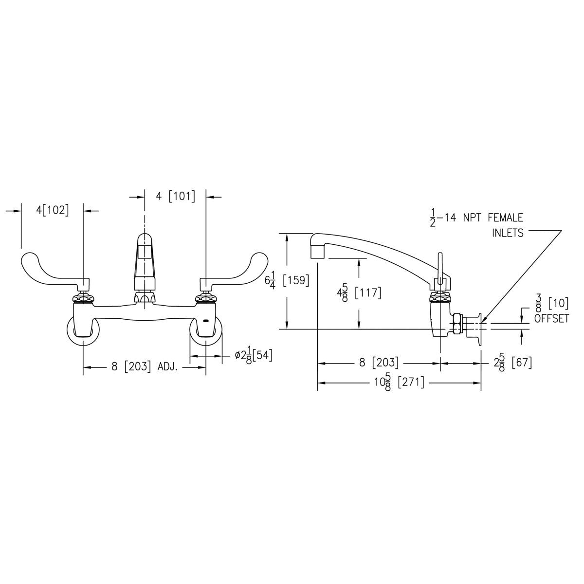 Wall-mount faucet with 8" arc spout, dual wristblade handles, and offset inlets with stop valve shown in technical diagram.