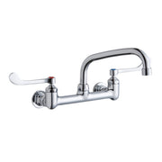 Chrome wall-mounted faucet with arcing tube spout and white wristblade handles on either side.