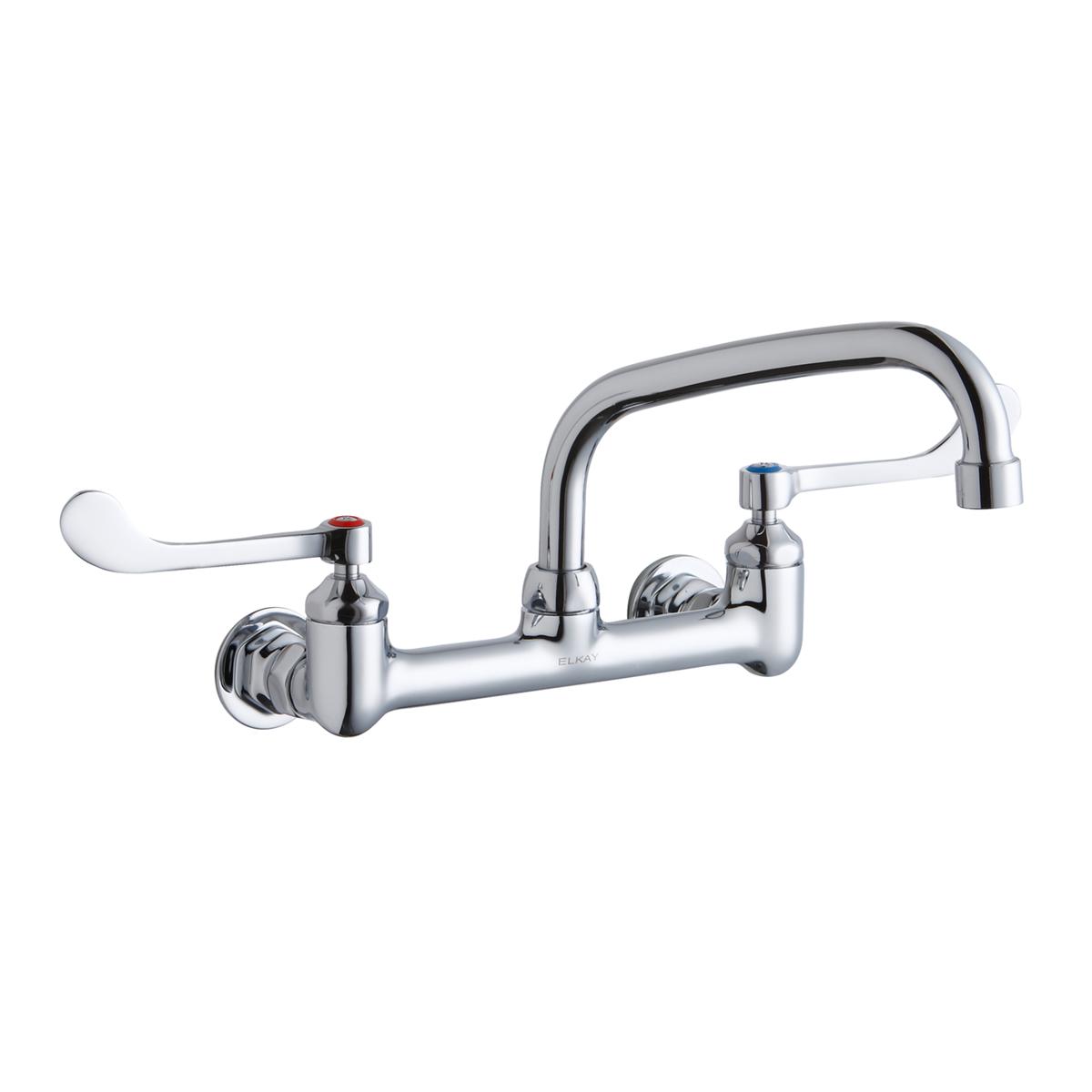 Chrome wall-mounted faucet with arcing tube spout and white wristblade handles on either side.