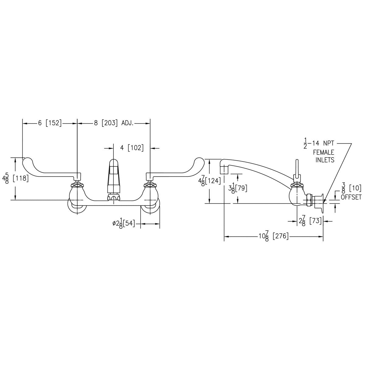 Wall-mounted commercial faucet with curved arc spout, dual wristblade handles, and technical dimension specifications.