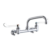 Chrome wall-mount faucet with curved arc spout and two wristblade handles for commercial foodservice use.