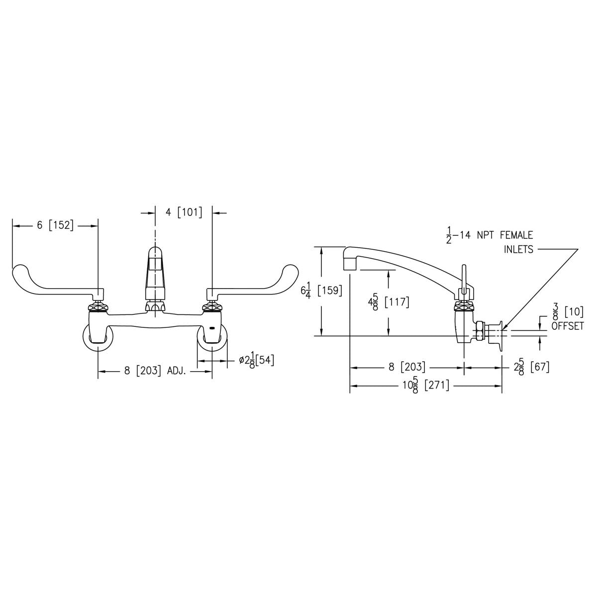 Wall-mounted commercial faucet with curved wristblade handles, arc tube spout, and dimension specifications labeled.