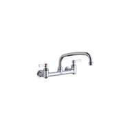 Chrome wall-mount faucet with dual lever handles and arching spout for commercial foodservice use.
