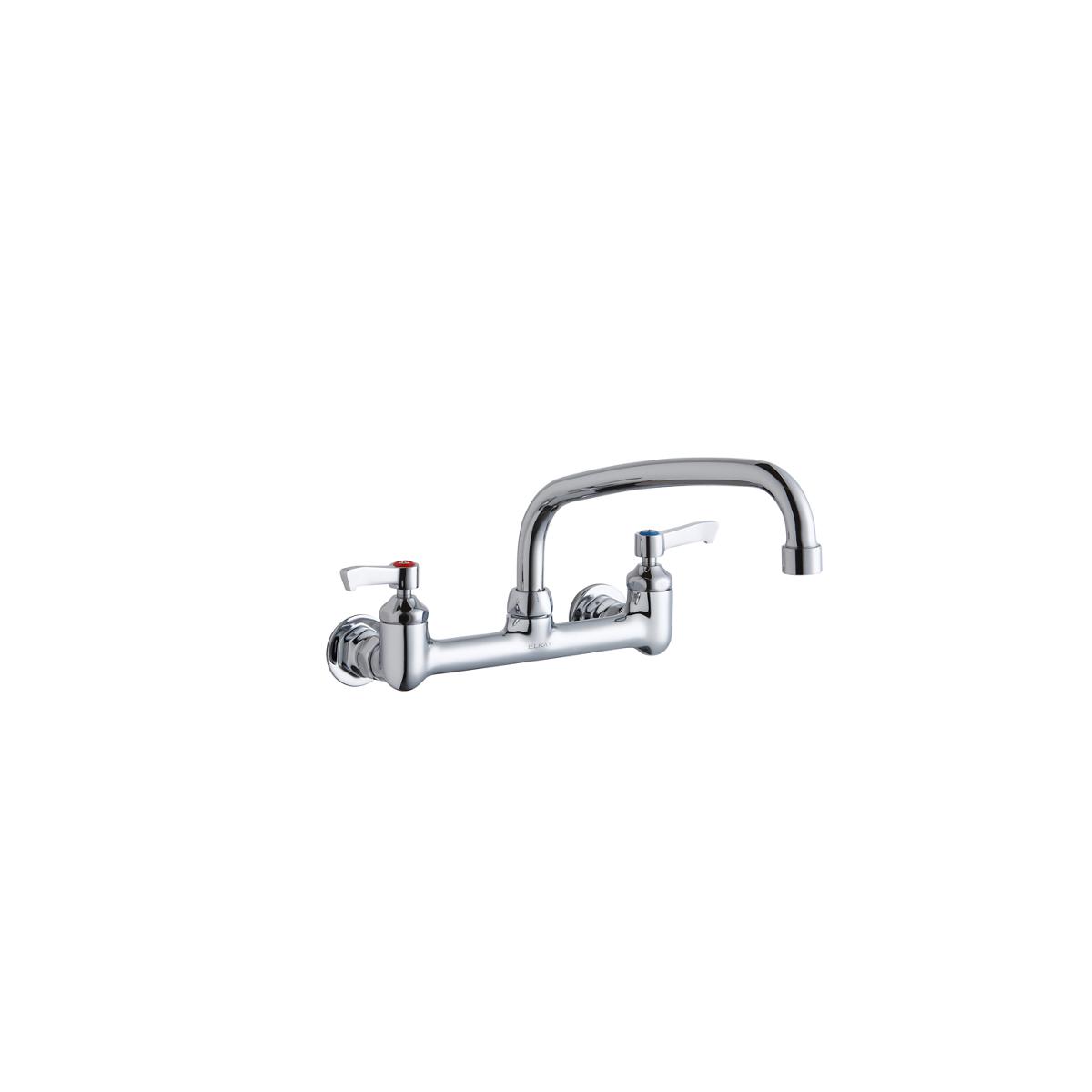 Chrome wall-mount faucet with dual lever handles and arching spout for commercial foodservice use.