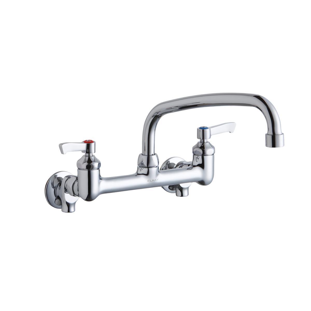 Chrome wall-mount faucet with two lever handles and arcing tube spout for commercial foodservice use.