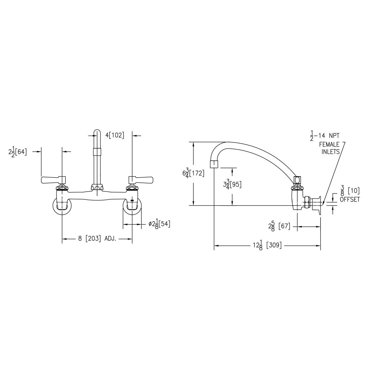 Wall-mount faucet with two lever handles, arc tube spout, and technical dimension specifications shown in front and side view