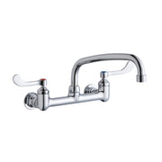 Chrome wall-mounted faucet with dual wristblade handles, arcing spout, and wall flanges for commercial foodservice use.