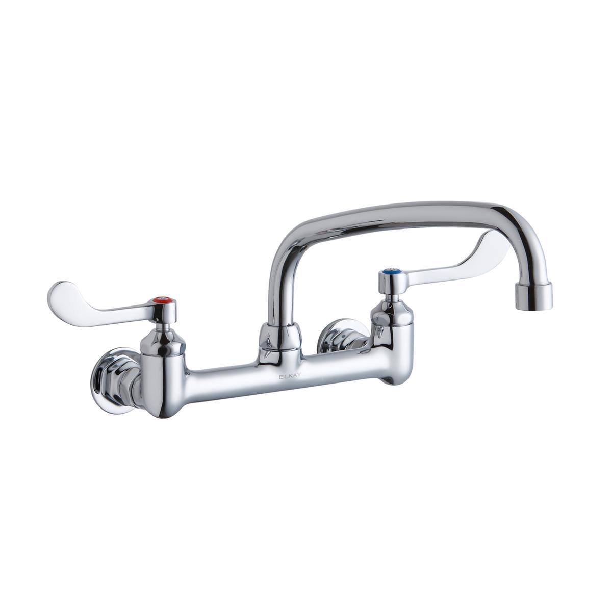 Chrome wall-mounted faucet with dual wristblade handles, arcing spout, and wall flanges for commercial foodservice use.