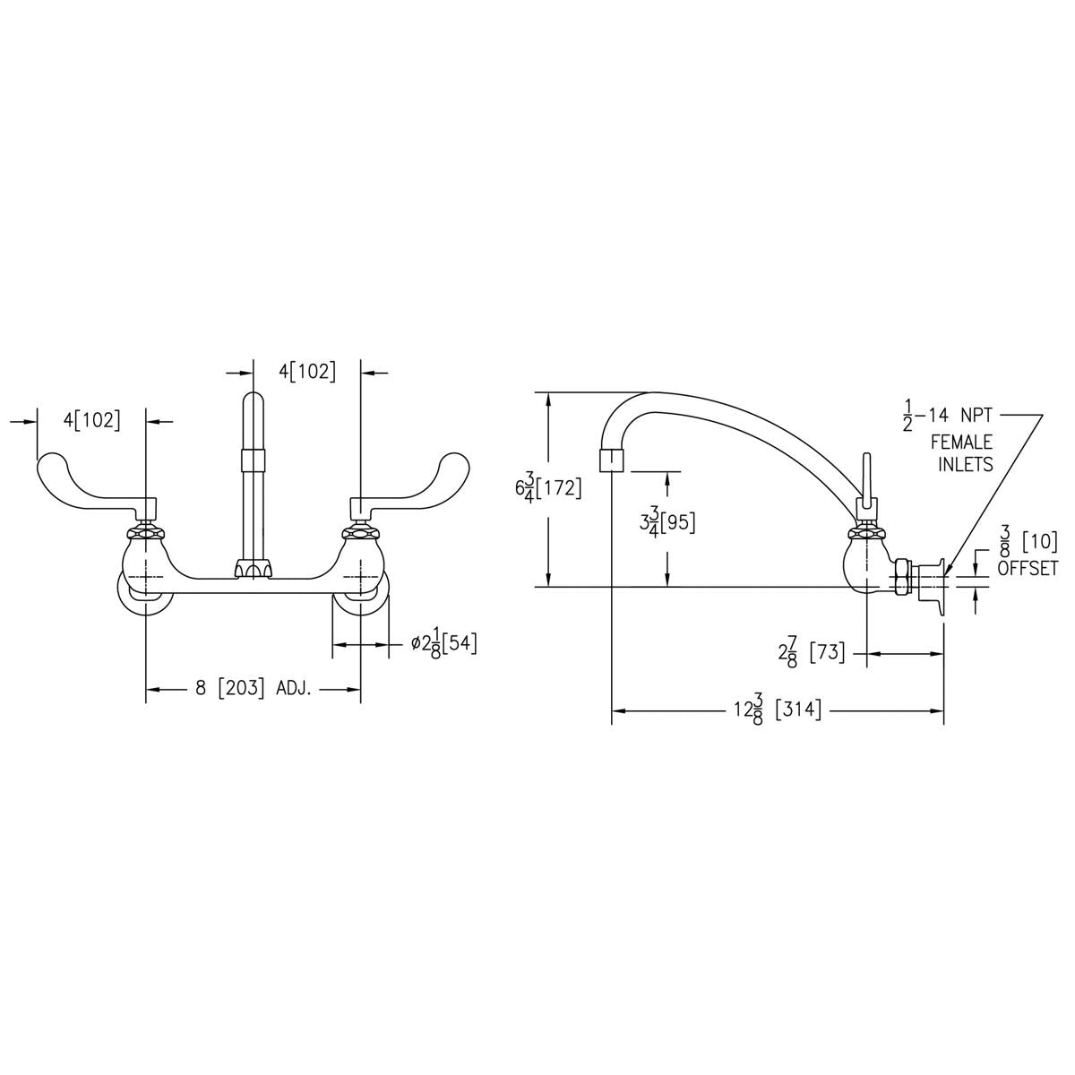 Wall-mounted faucet with curved arc spout, dual wristblade handles, and technical dimension specifications shown in front and