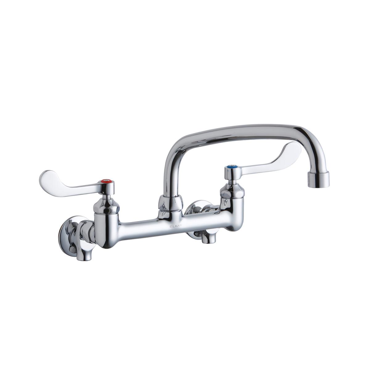 Chrome wall-mounted faucet with dual wristblade handles and arched spout for commercial foodservice use.