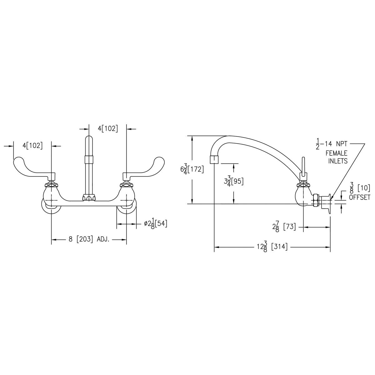 Wall-mount faucet with dual wristblade handles, arcing spout, and technical dimension specifications shown in front and side 