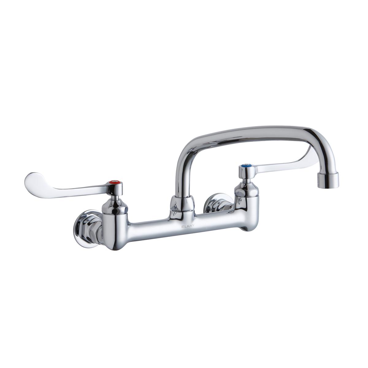 Chrome wall-mount faucet with arc tube spout, two wristblade handles, and wall flanges for commercial foodservice use.