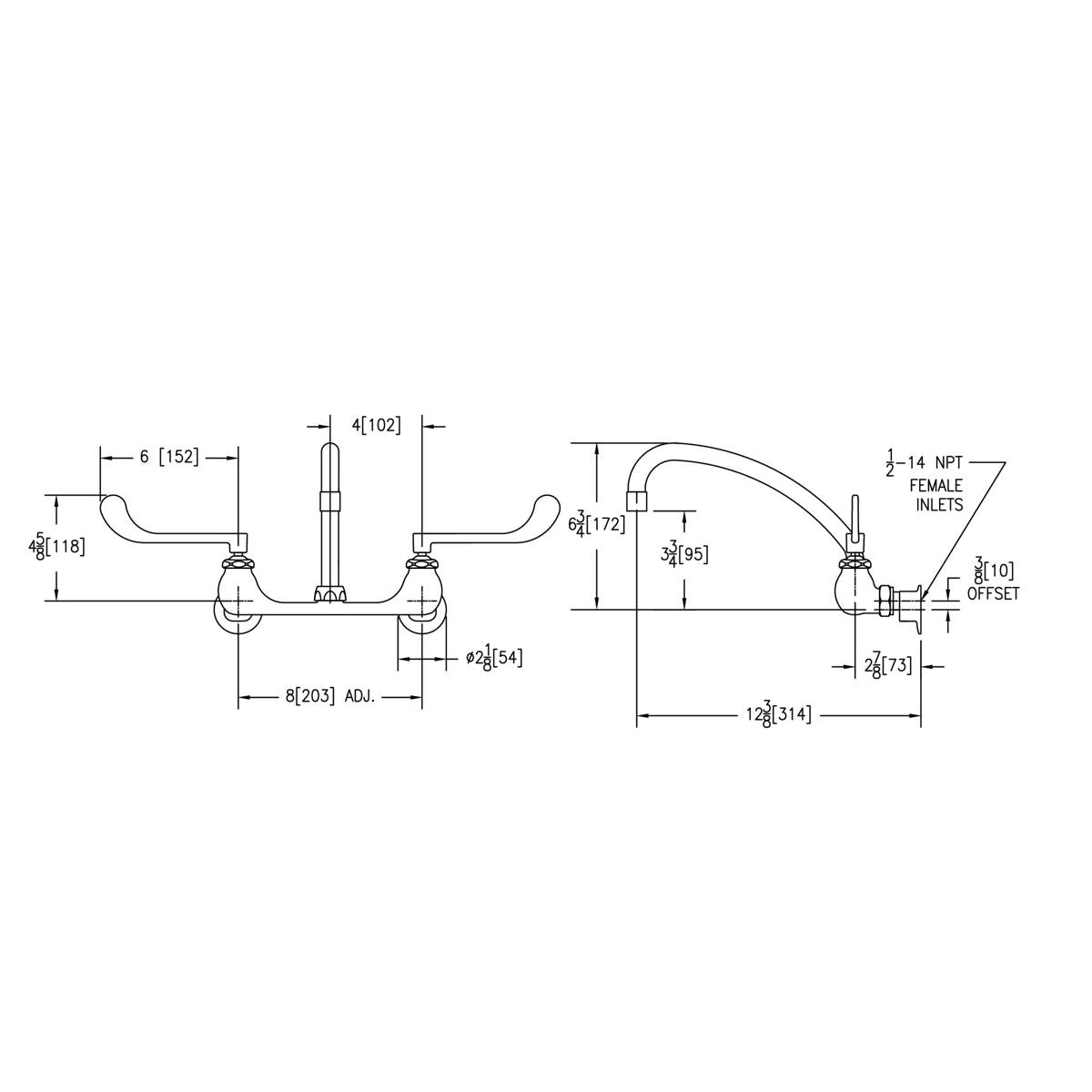 Wall-mount faucet with curved arc spout, dual wristblade handles, and dimension specifications shown in technical drawing.
