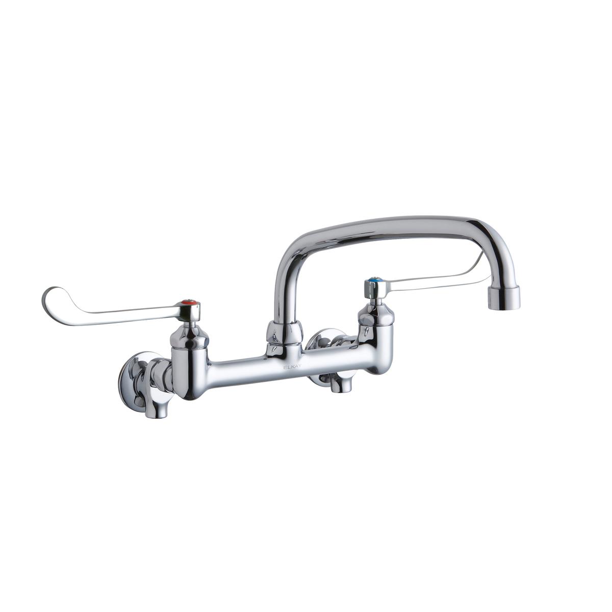Chrome wall-mount faucet with high-arc tube spout and two wristblade handles.