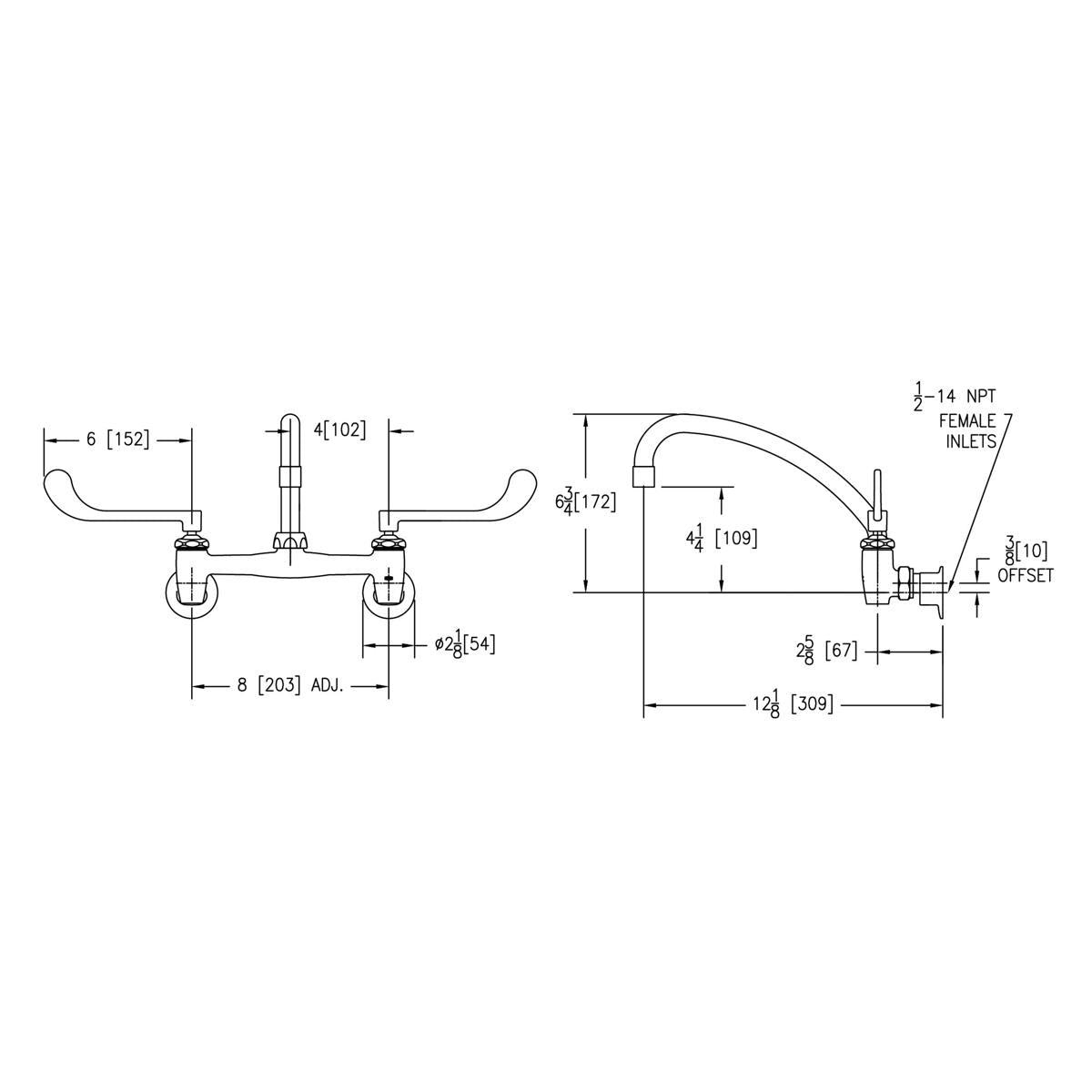 Wall-mount faucet with 10-inch arc spout, wristblade handles, and 1/2-inch offset inlets with technical specifications.