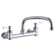 Chrome wall-mount faucet with dual lever handles and high-arc spout for commercial foodservice use.