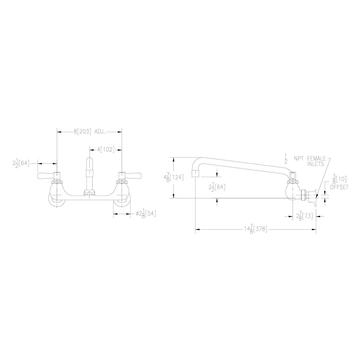 Chrome wall-mount faucet with dual lever handles, arcing spout, and dimension specifications shown in technical drawing.