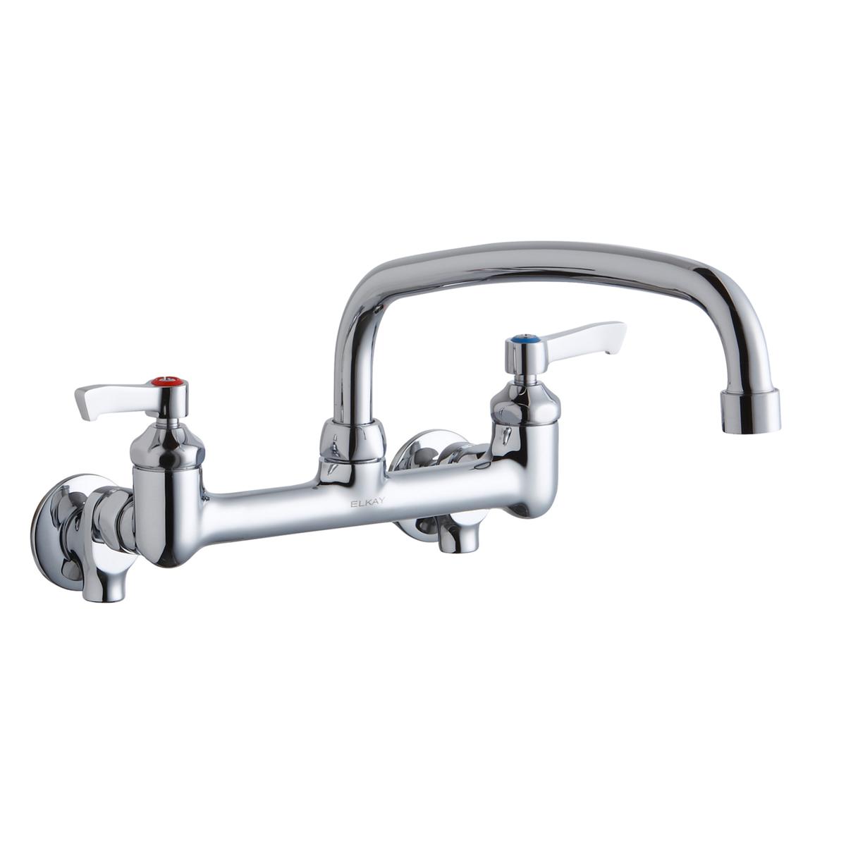 Chrome wall-mount faucet with arched spout, two lever handles, and wall bracket mounting plate.