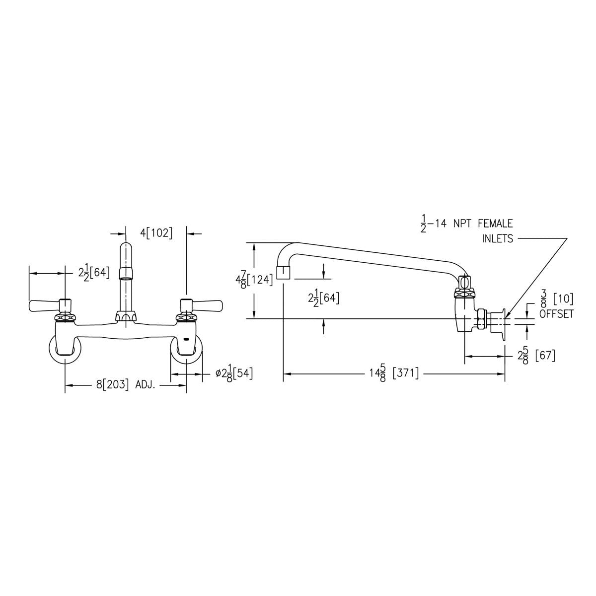 Technical schematic drawing of wall-mounted faucet with dual lever handles, arc spout, and dimension specifications labeled i