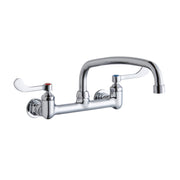 Chrome wall-mounted faucet with curved arc spout, two wristblade handles, and wall flanges for commercial foodservice use.