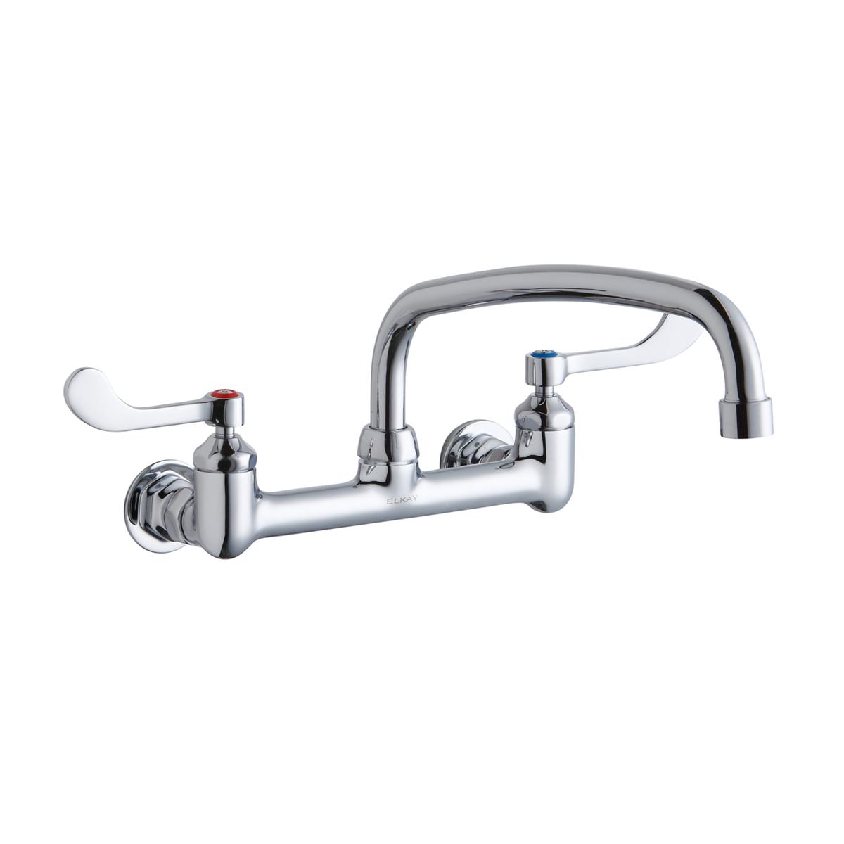 Chrome wall-mounted faucet with curved arc spout, two wristblade handles, and wall flanges for commercial foodservice use.