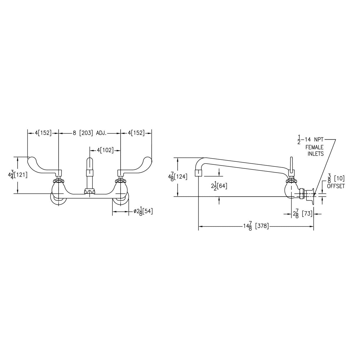Wall-mounted commercial faucet with dual wristblade handles, arcing spout, and dimension specifications shown in technical dr