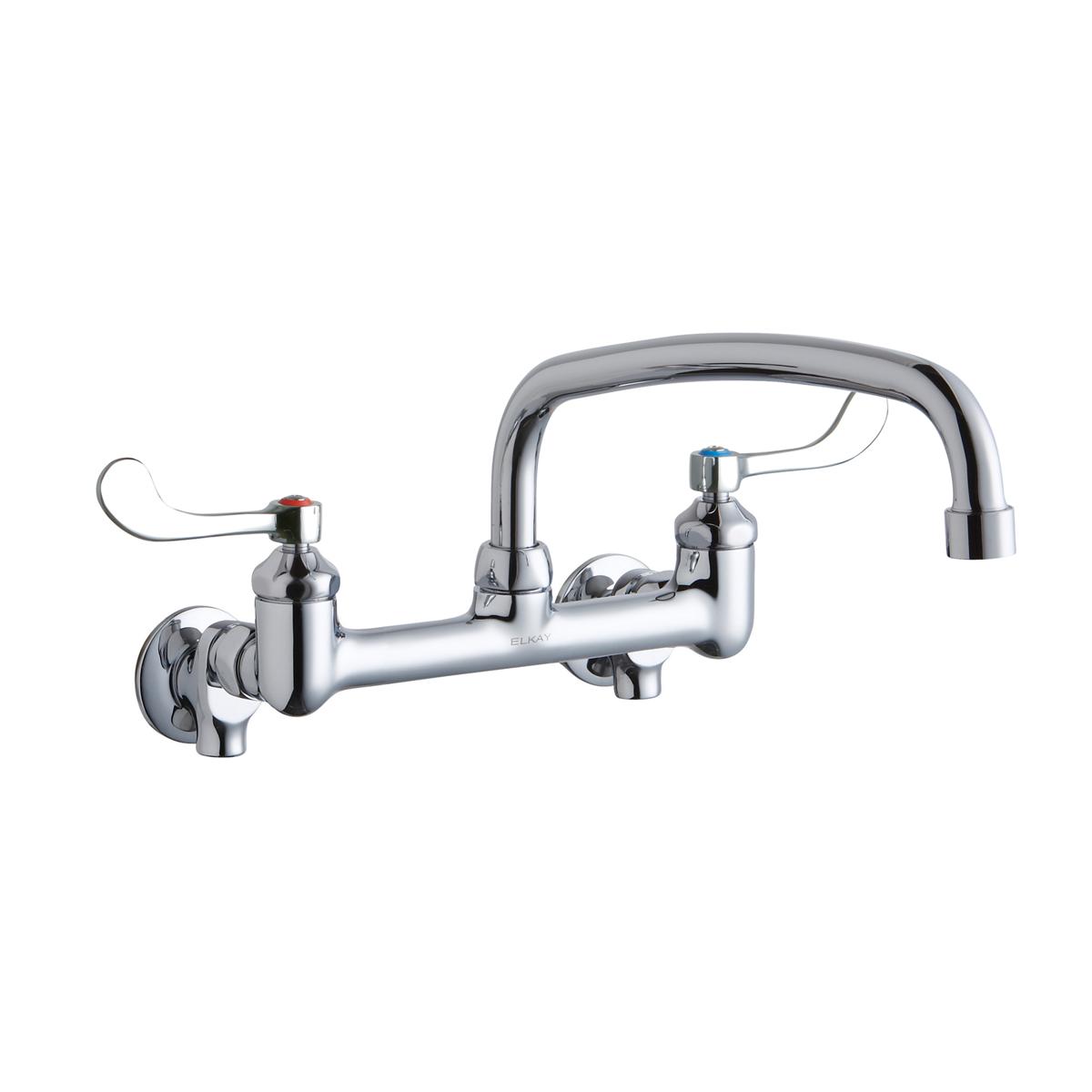 Chrome wall-mounted faucet with arced spout and wristblade handles for commercial foodservice use.