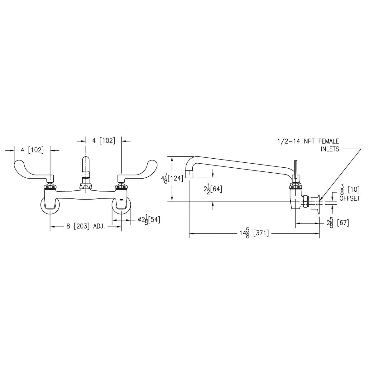 Technical schematic drawing of wall-mounted faucet with two wristblade handles, arc spout, and dimension measurements.
