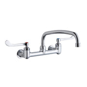Chrome wall-mounted faucet with curved arc spout, two wristblade handles, and wall brackets.