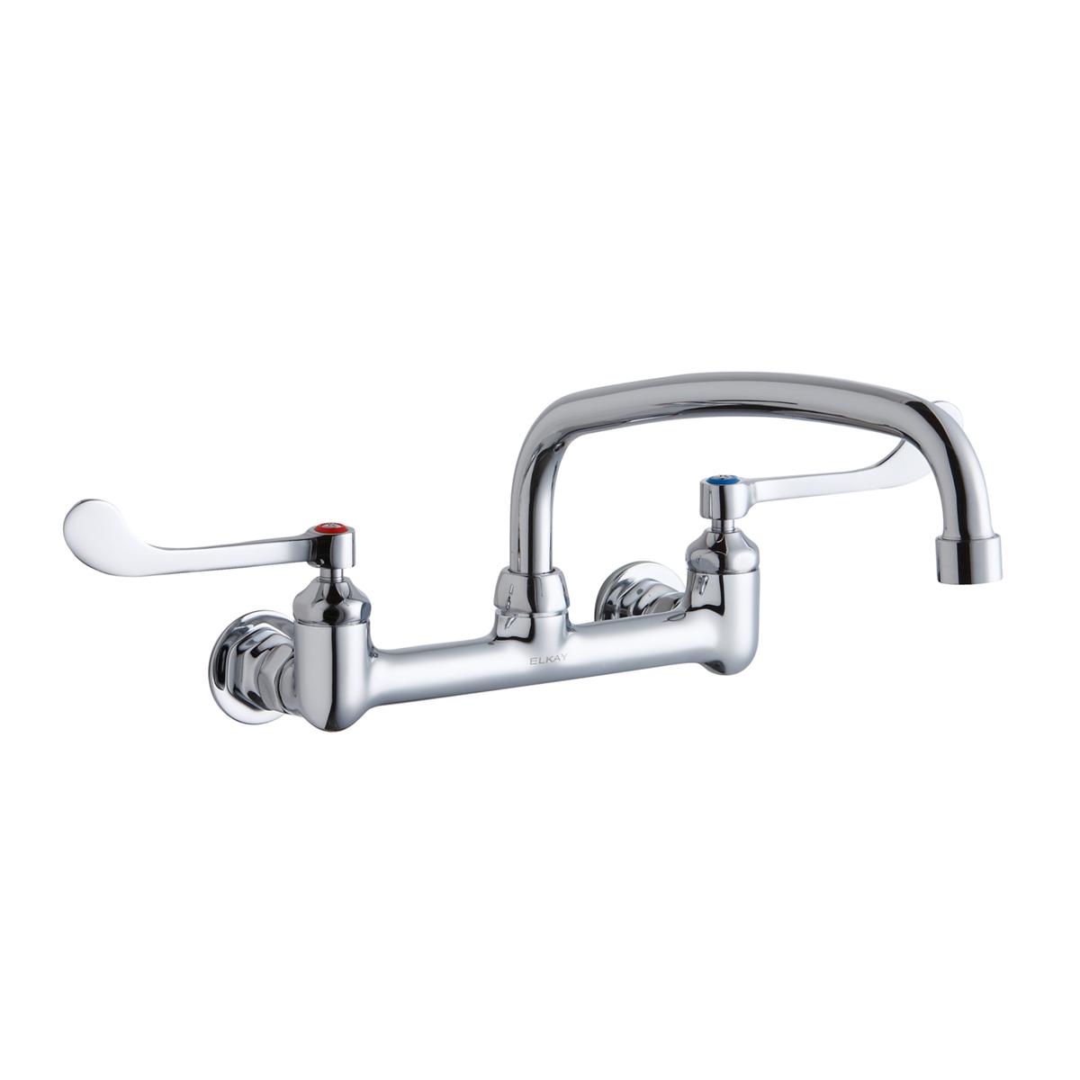 Chrome wall-mounted faucet with curved arc spout, two wristblade handles, and wall brackets.