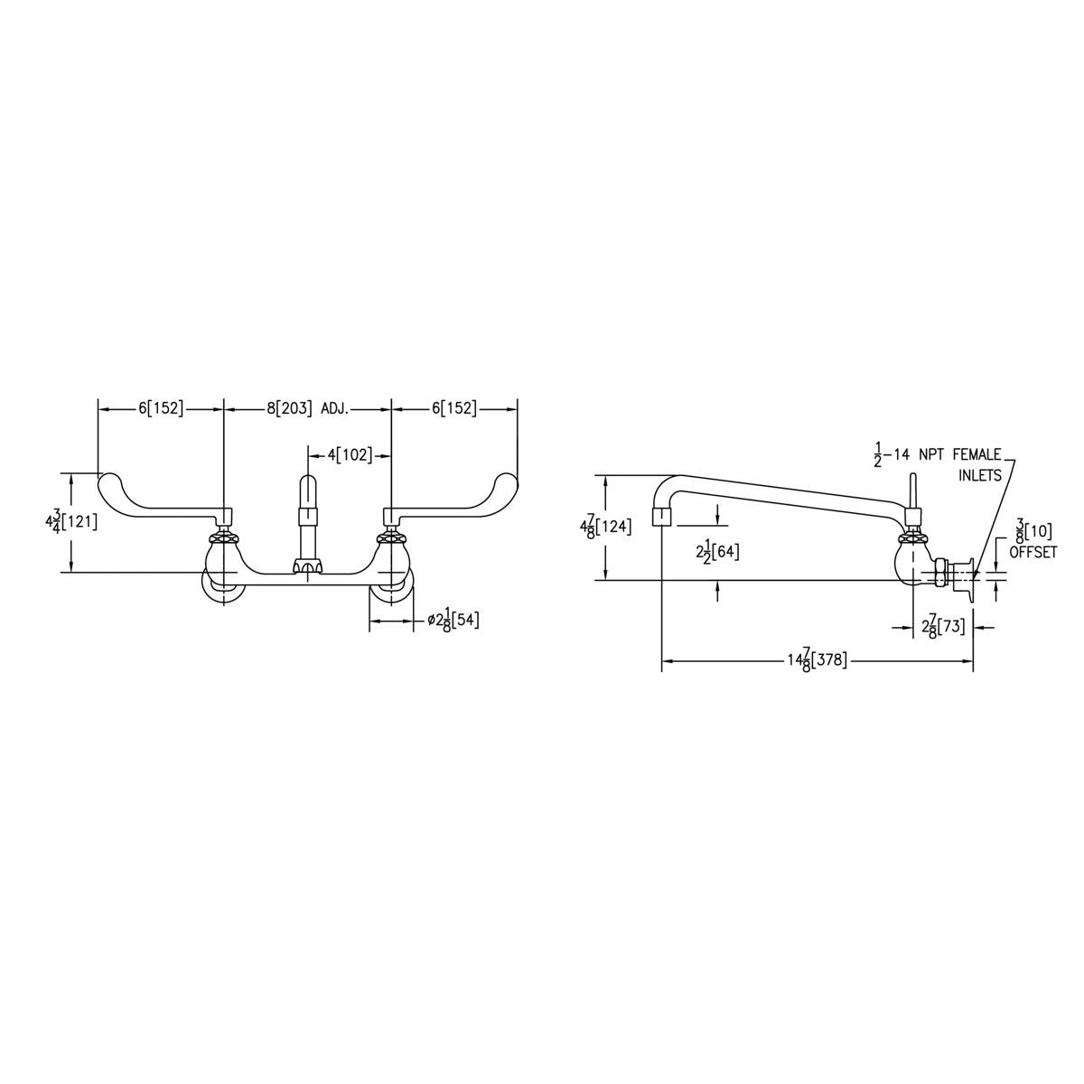 Technical drawing of wall-mounted faucet with dual wristblade handles and curved spout, shown in front and side views with di